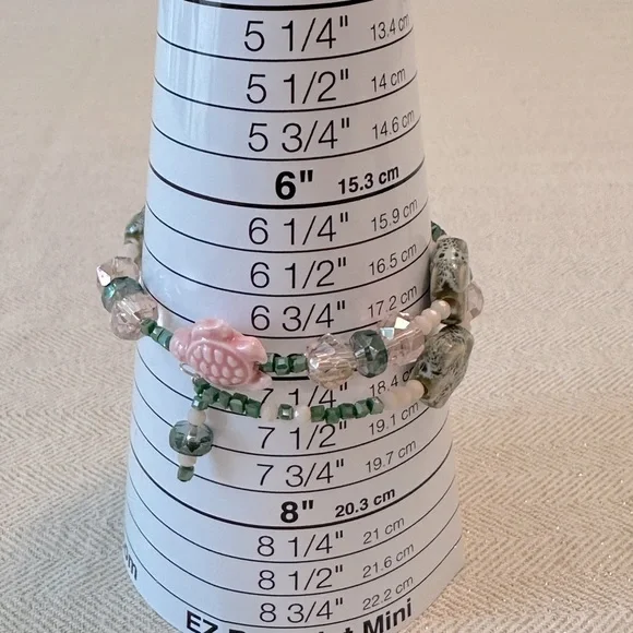 Handmade Pink & Green Ceramic Turtle Flowers Memory Wire Bracelet & Earrings Set - Picture 9 of 9